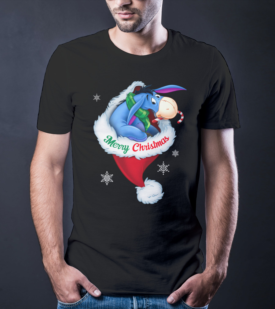 Eeyore Merry Christmas Santa Hat Snowflakes T-Shirt