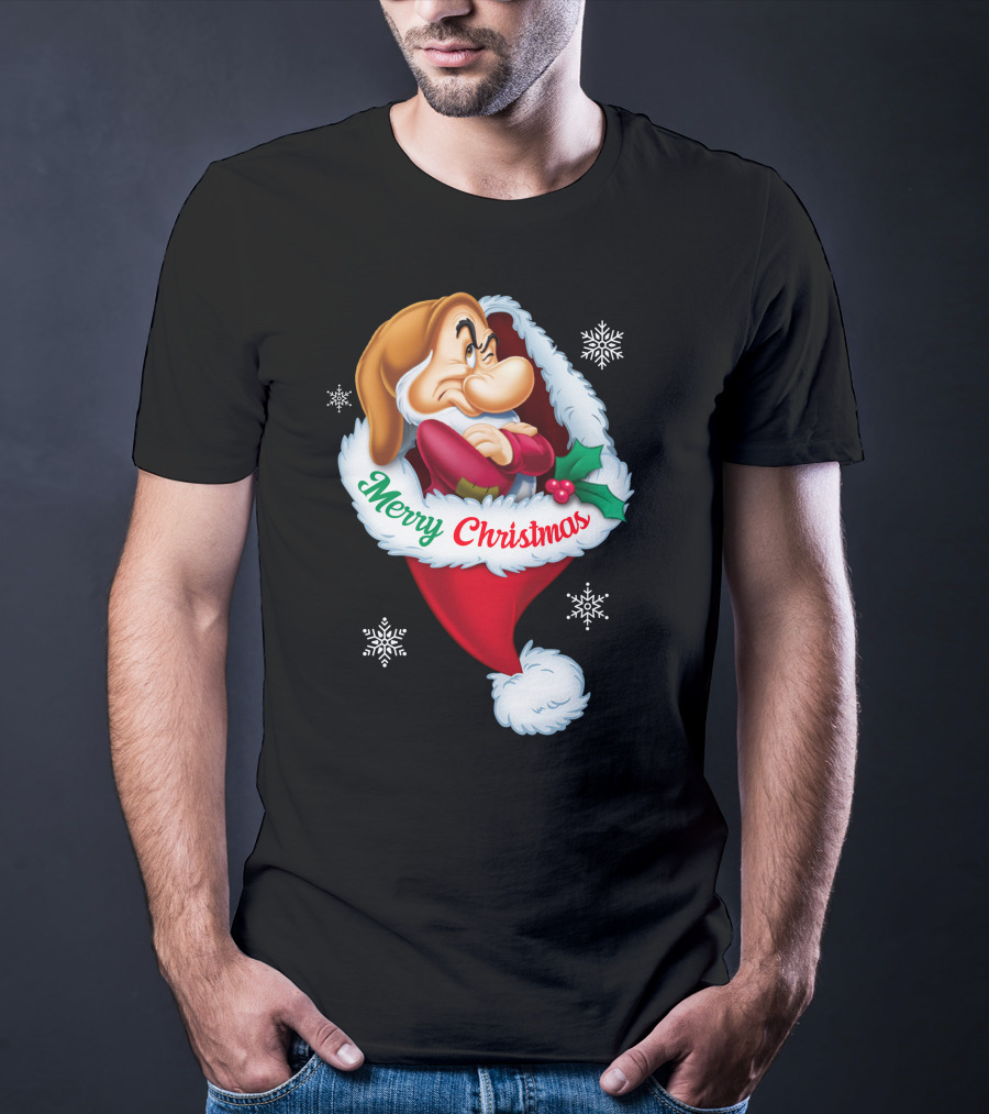 Grumpy Merry Christmas Santa Hat And Snowflakes T-Shirt