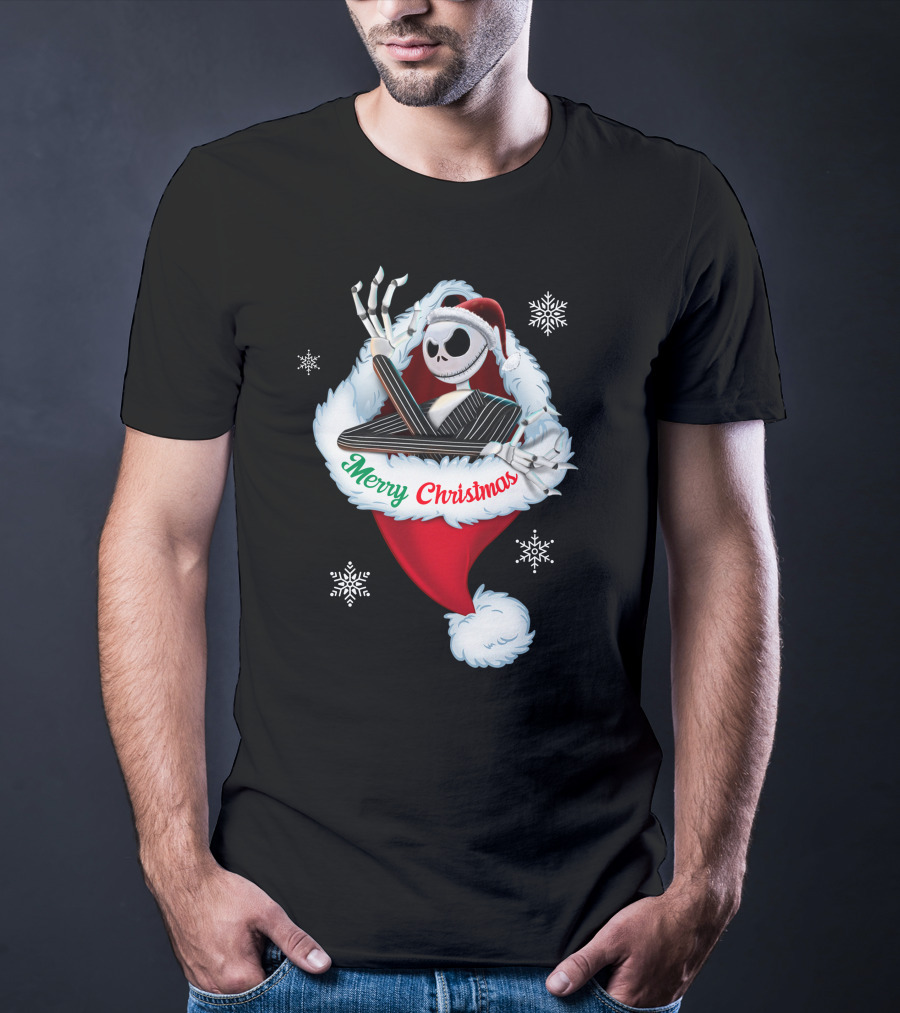 Jack Skellington Merry Christmas Santa Hat Snowflakes T-Shirt