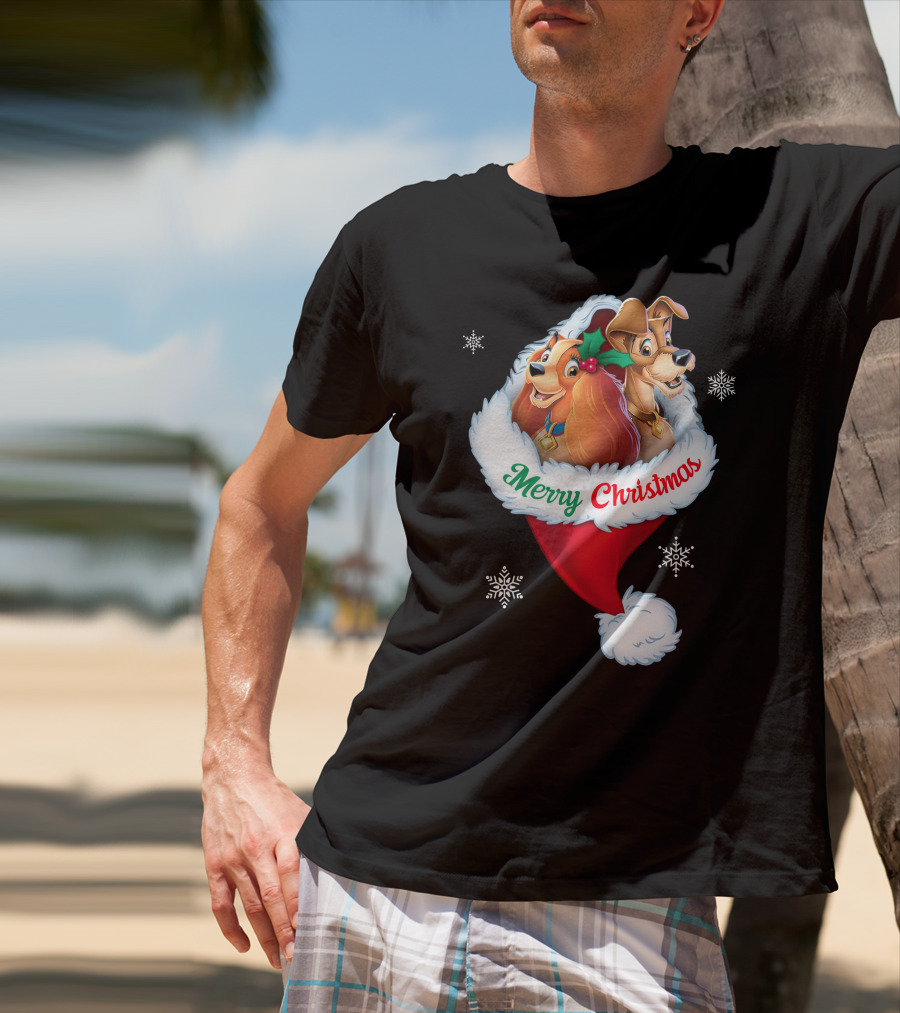 Merry Christmas Lady And The Tramp Holiday Santa Hat Snowflakes T-Shirt