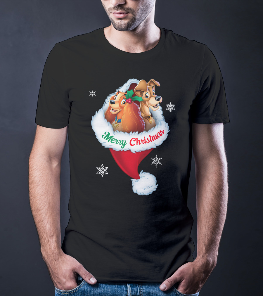 Merry Christmas Lady And The Tramp Holiday Santa Hat Snowflakes T-Shirt