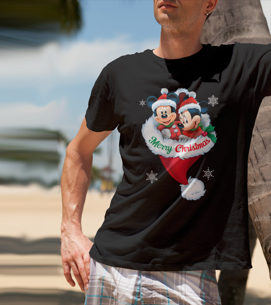 Merry Christmas Mickey Minnie Santa Hat Snowflakes T-Shirt