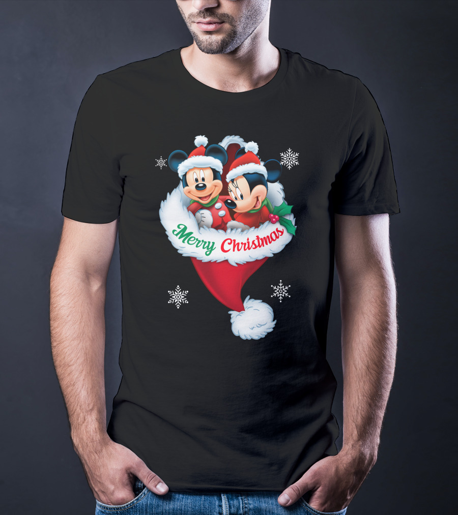 Merry Christmas Mickey Minnie Santa Hat Snowflakes T-Shirt