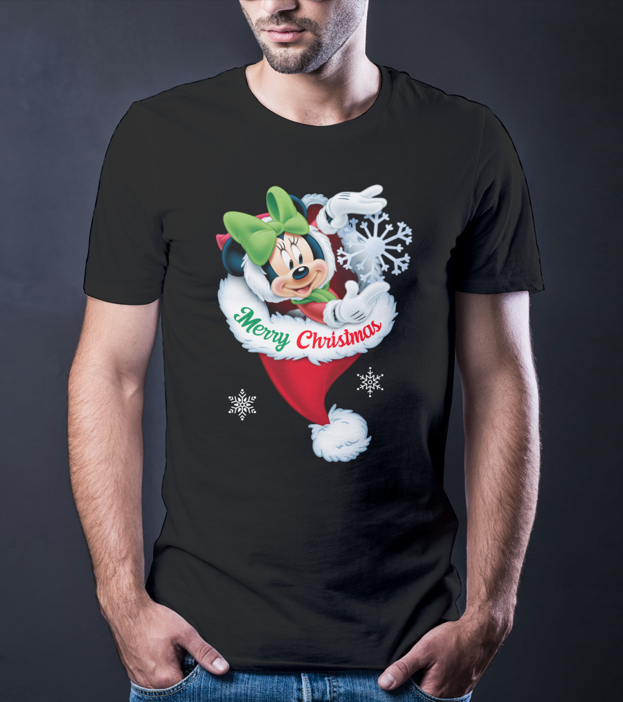 Minnie Mouse Merry Christmas Santa Hat Snowflakes T-Shirt