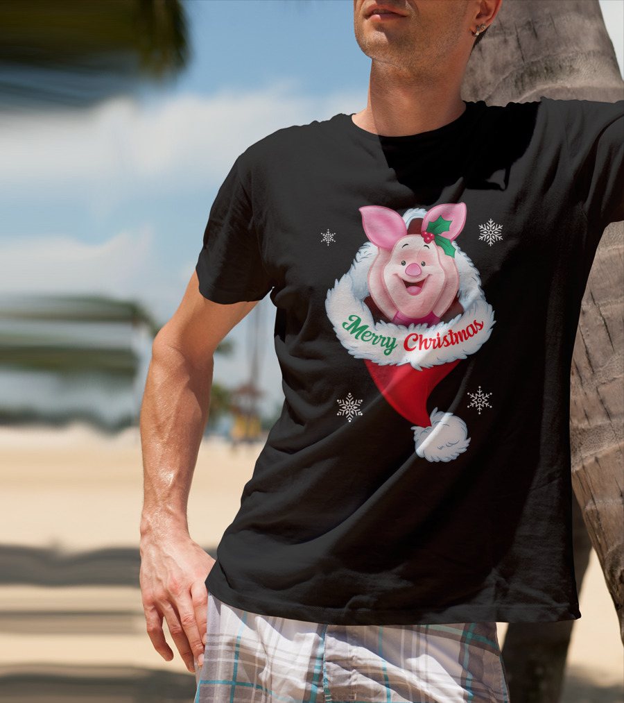 Piglet Merry Christmas Holiday Santa Hat Snowflakes T-Shirt