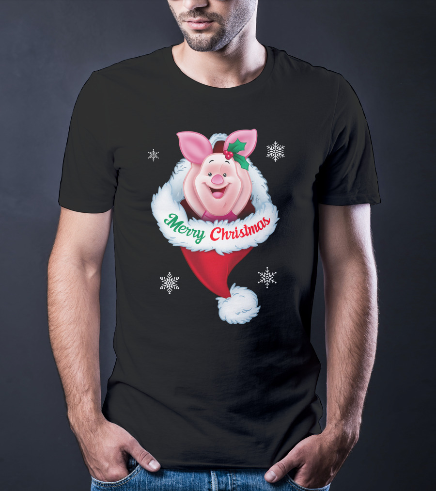 Piglet Merry Christmas Holiday Santa Hat Snowflakes T-Shirt