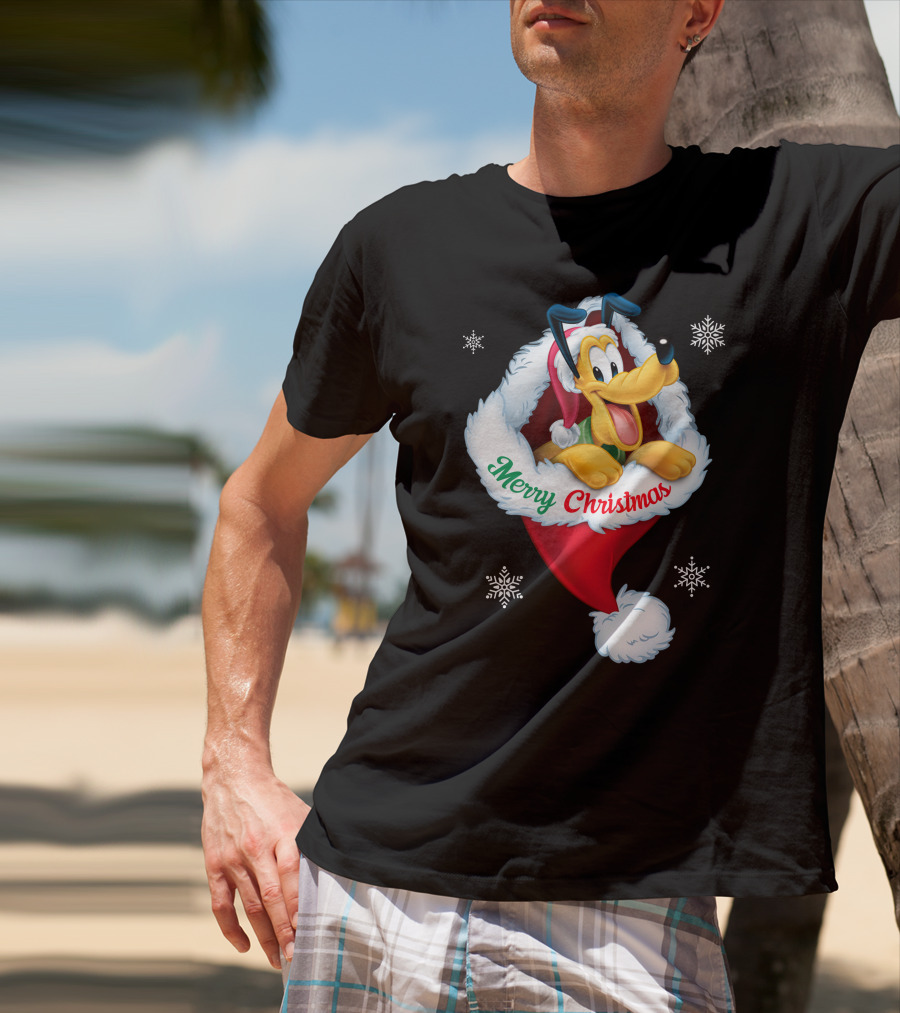 Merry Christmas Pluto Santa Hat Snowflakes T-Shirt