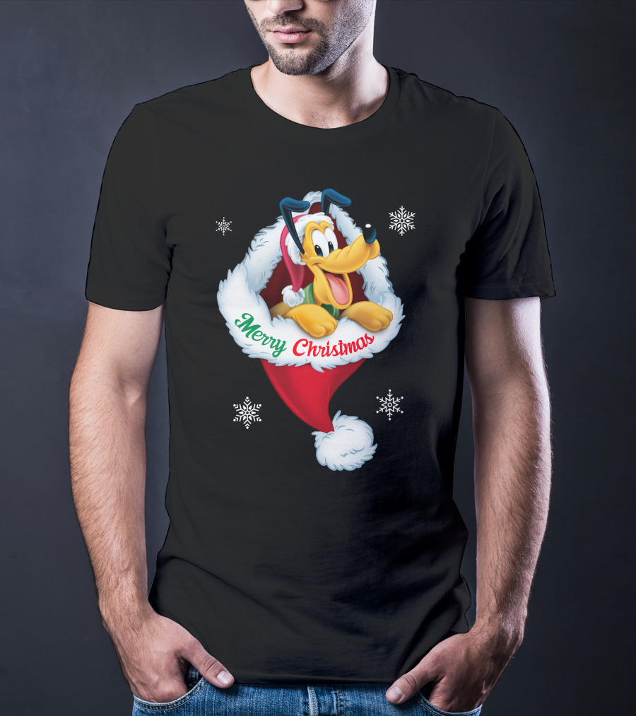 Merry Christmas Pluto Santa Hat Snowflakes T-Shirt