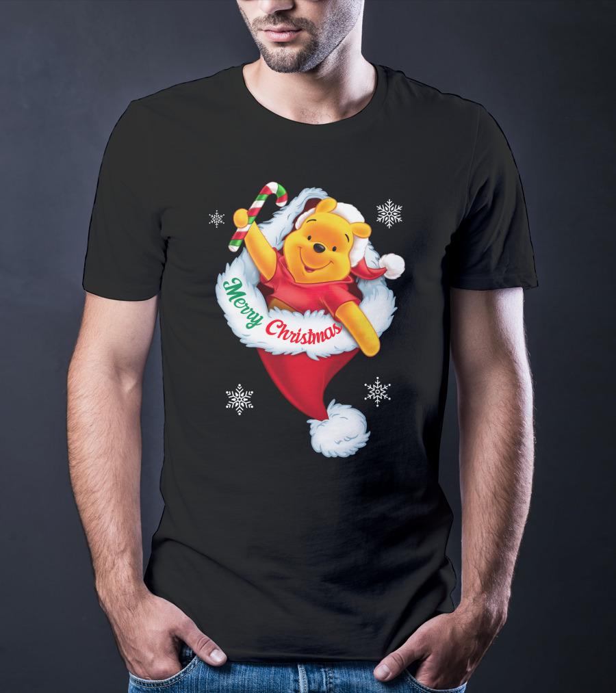 Winnie The Pooh Merry Christmas Santa Hat Candy Cane T-Shirt