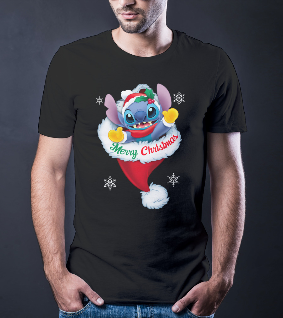 Merry Christmas Stitch Santa Hat Snowflakes T-Shirt