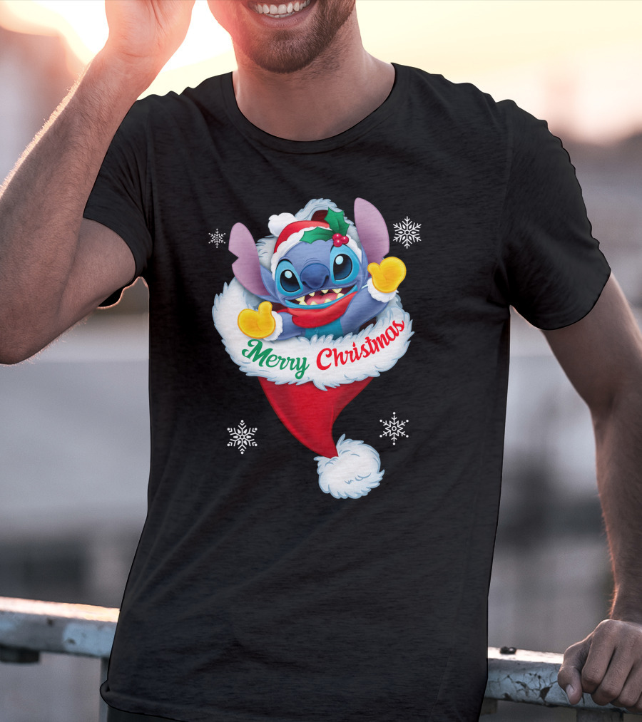 Merry Christmas Stitch Santa Hat Snowflakes T-Shirt