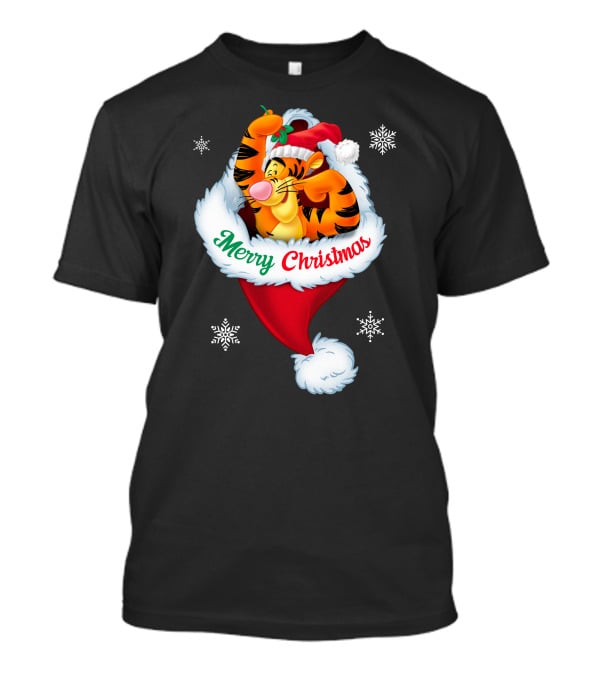 Merry Christmas Tigger Santa Hat Snowflakes T-Shirt