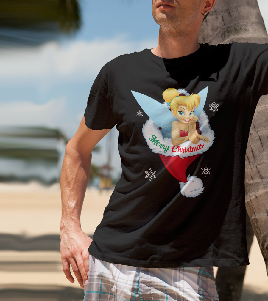 Tinkerbell Merry Christmas Santa Hat Snowflakes T-Shirt