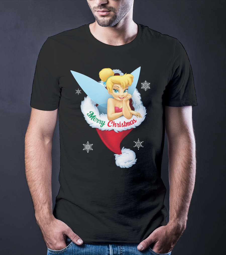 Tinkerbell Merry Christmas Santa Hat Snowflakes T-Shirt