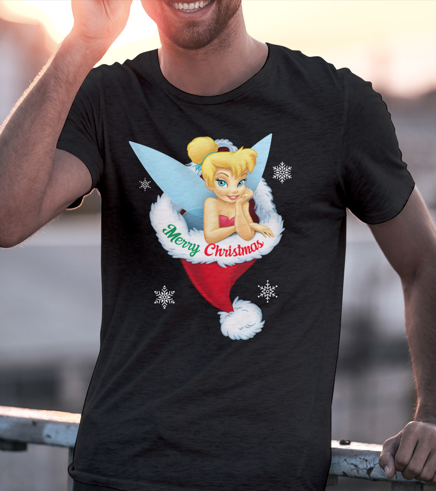 Tinkerbell Merry Christmas Santa Hat Snowflakes T-Shirt