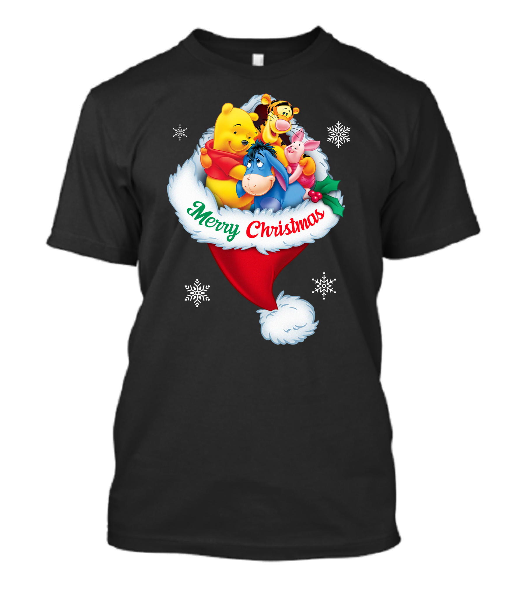 Winnie The Pooh Merry Christmas Santa Hat Snowflakes T-Shirt