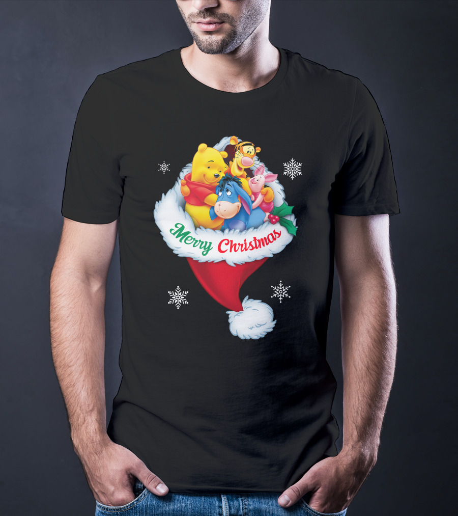 Winnie The Pooh Merry Christmas Santa Hat Snowflakes T-Shirt