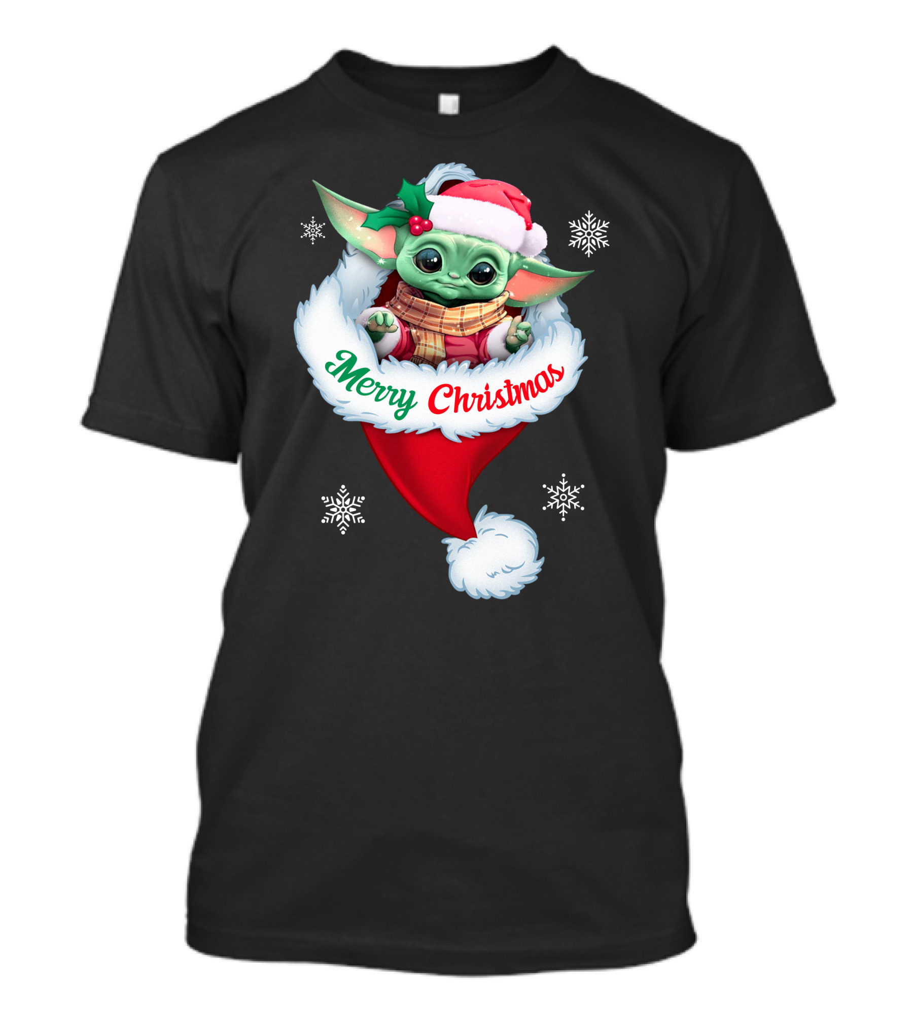 Merry Christmas Yoda Santa Hat Snowflakes T-Shirt