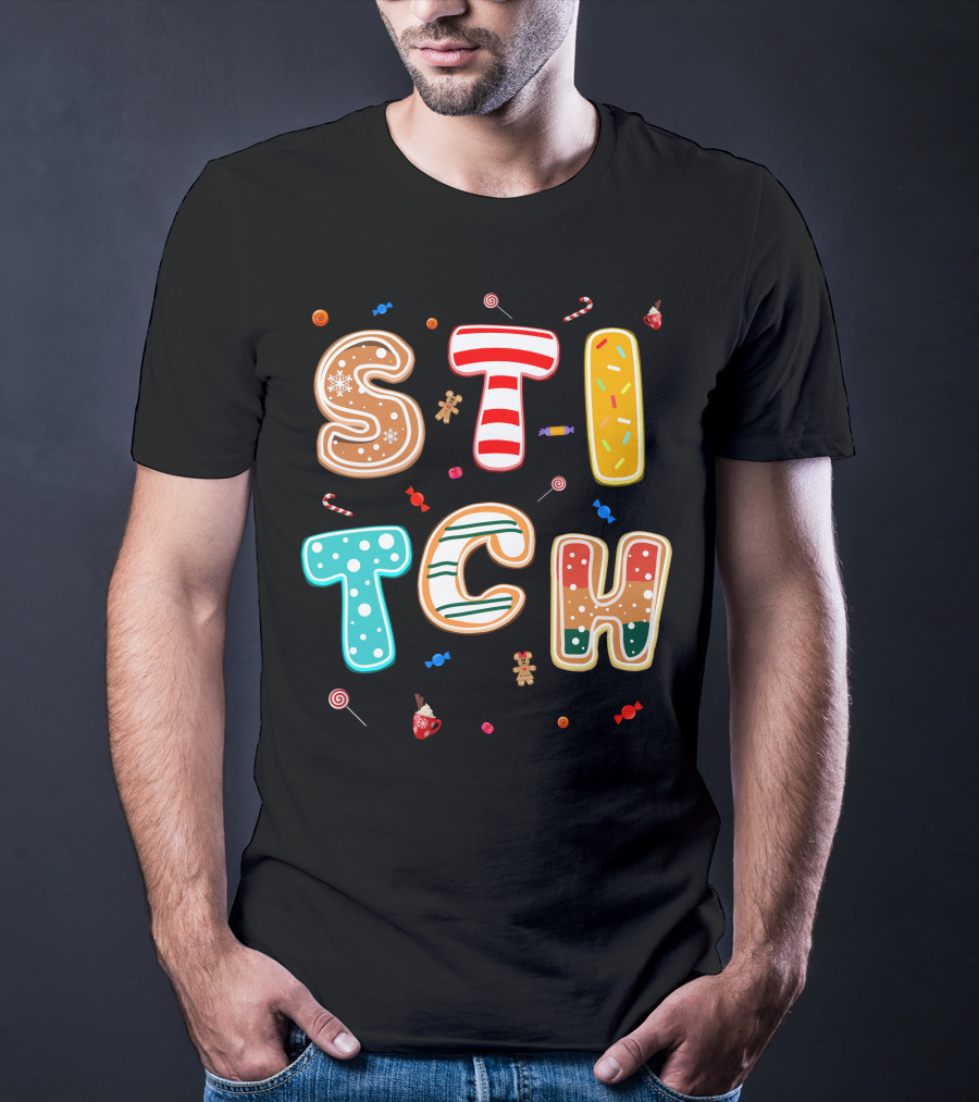 Stitch Gingerbread Candy Cane Christmas Letters T-Shirt