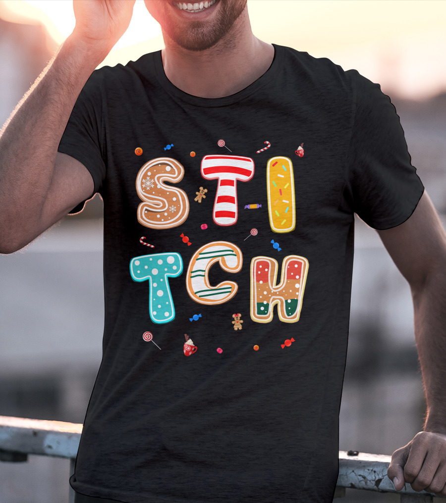Stitch Gingerbread Candy Cane Christmas Letters T-Shirt