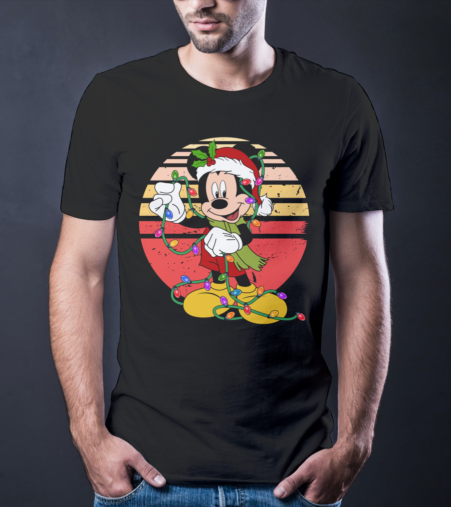 Mickey Christmas Lights Santa Hat Retro Holiday T-Shirt