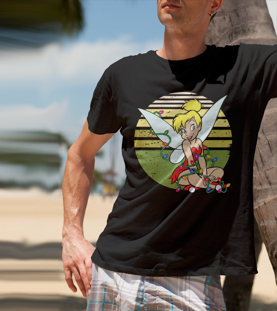 Tinkerbell Wrapped In Christmas Lights Sitting With Retro T-Shirt