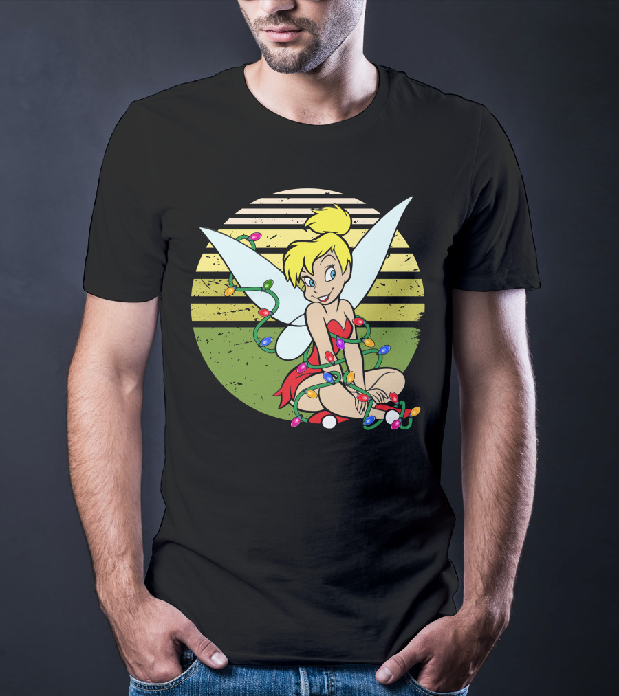 Tinkerbell Wrapped In Christmas Lights Sitting With Retro T-Shirt