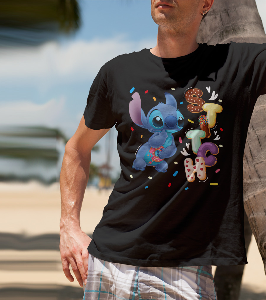 Stitch Donut Letter Sprinkles And Cute Blue Alien Character T-Shirt