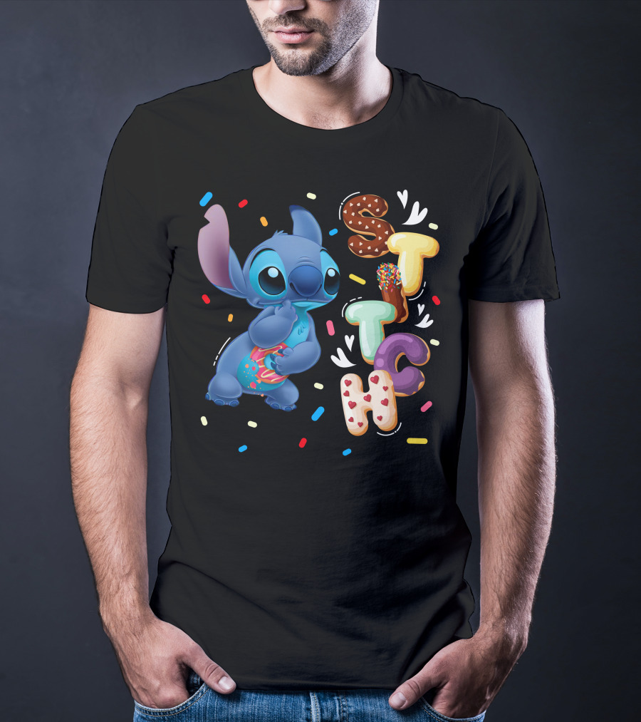 Stitch Donut Letter Sprinkles And Cute Blue Alien Character T-Shirt