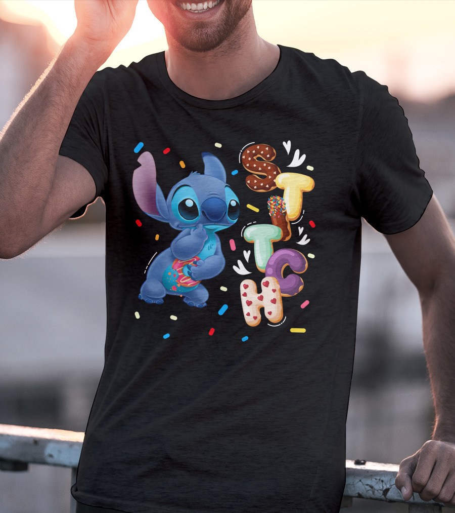 Stitch Donut Letter Sprinkles And Cute Blue Alien Character T-Shirt