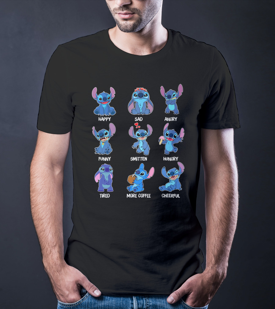 Stitch Moods Happy Sad Angry Funny Smitten Hungry Tired More Coffee Cheerful T-Shirt