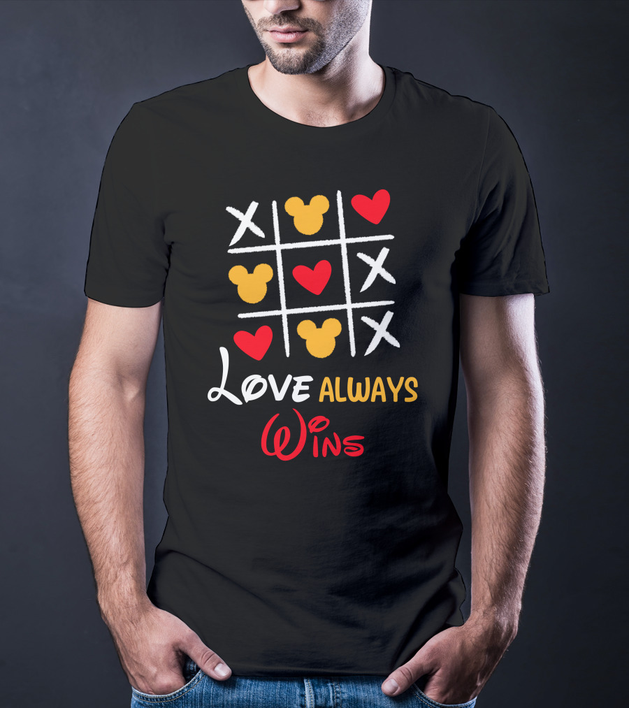 LOVE ALWAYS WINS Tic Tac Toe Hearts Mickey Ears T-Shirt