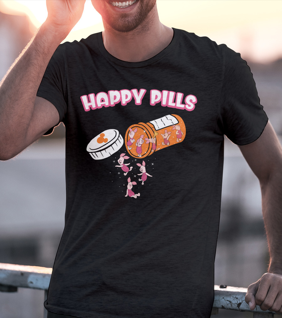 HAPPY PILLS Piglet Characters In Prescription Bottle T-Shirt