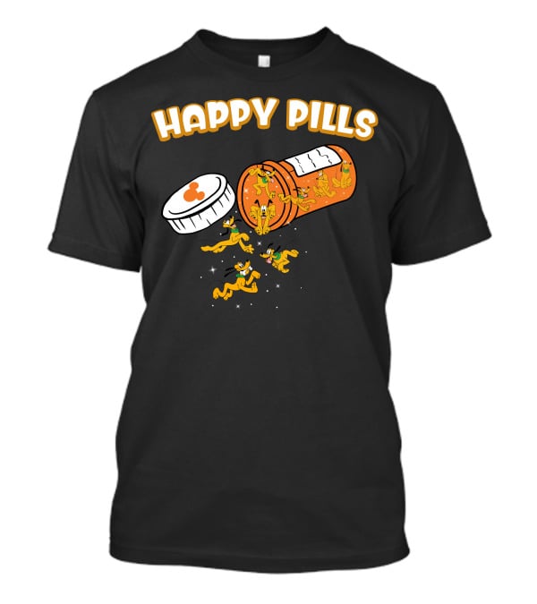 HAPPY PILLS Pluto Characters In Orange Pill Bottle T-Shirt