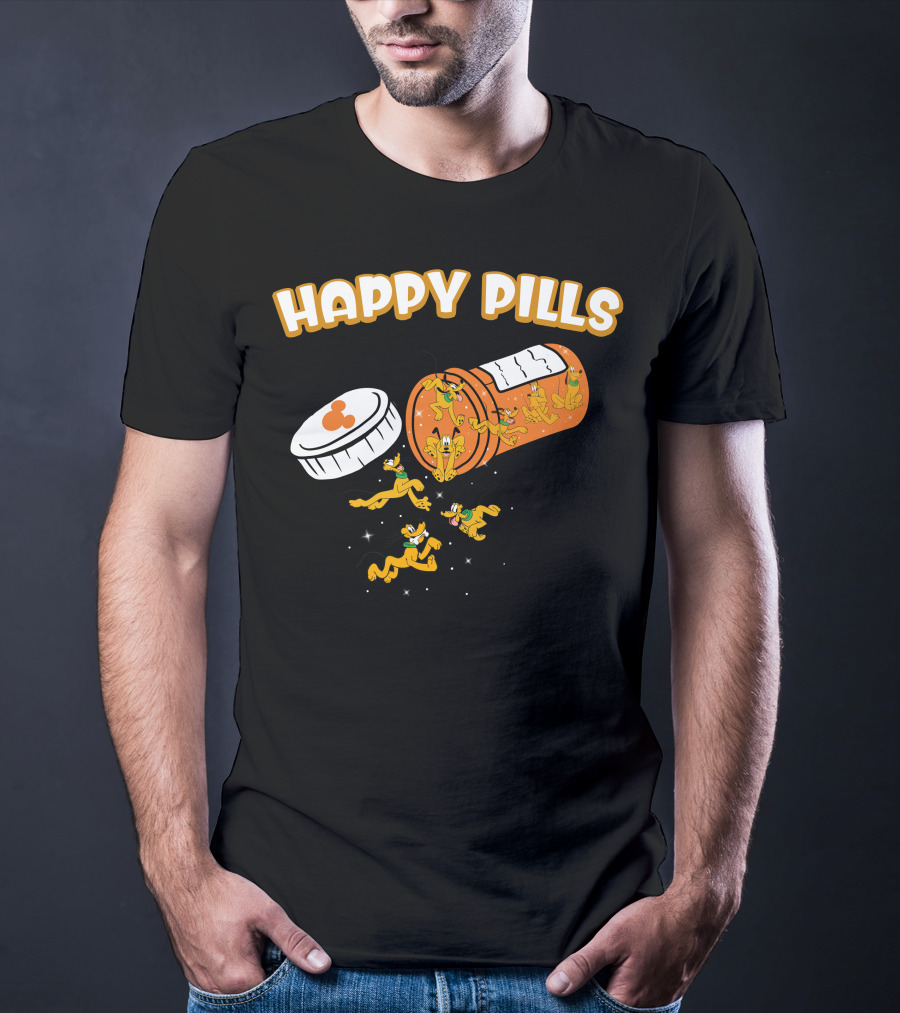 HAPPY PILLS Pluto Characters In Orange Pill Bottle T-Shirt