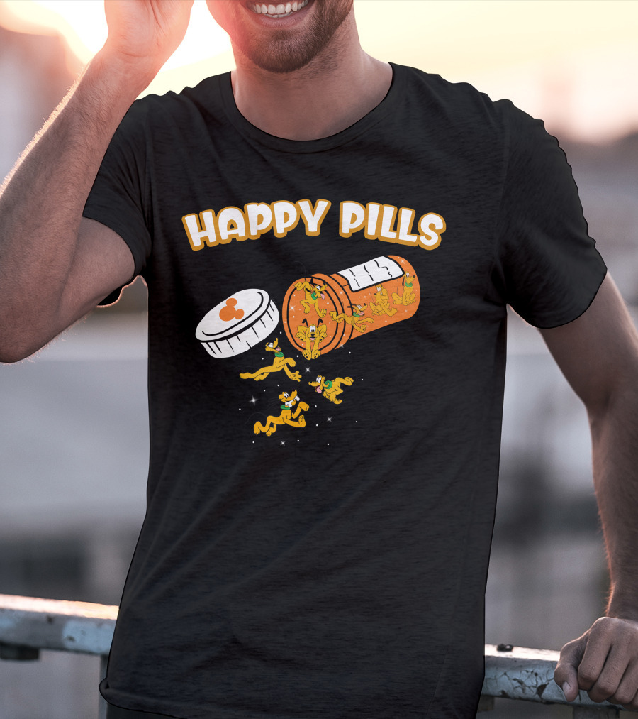 HAPPY PILLS Pluto Characters In Orange Pill Bottle T-Shirt