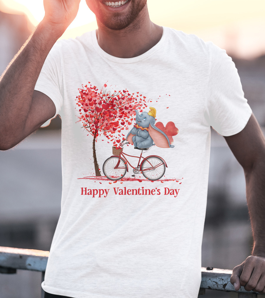 Happy Valentine's Day Dumbo With Hearts Bicycle T-Shirt