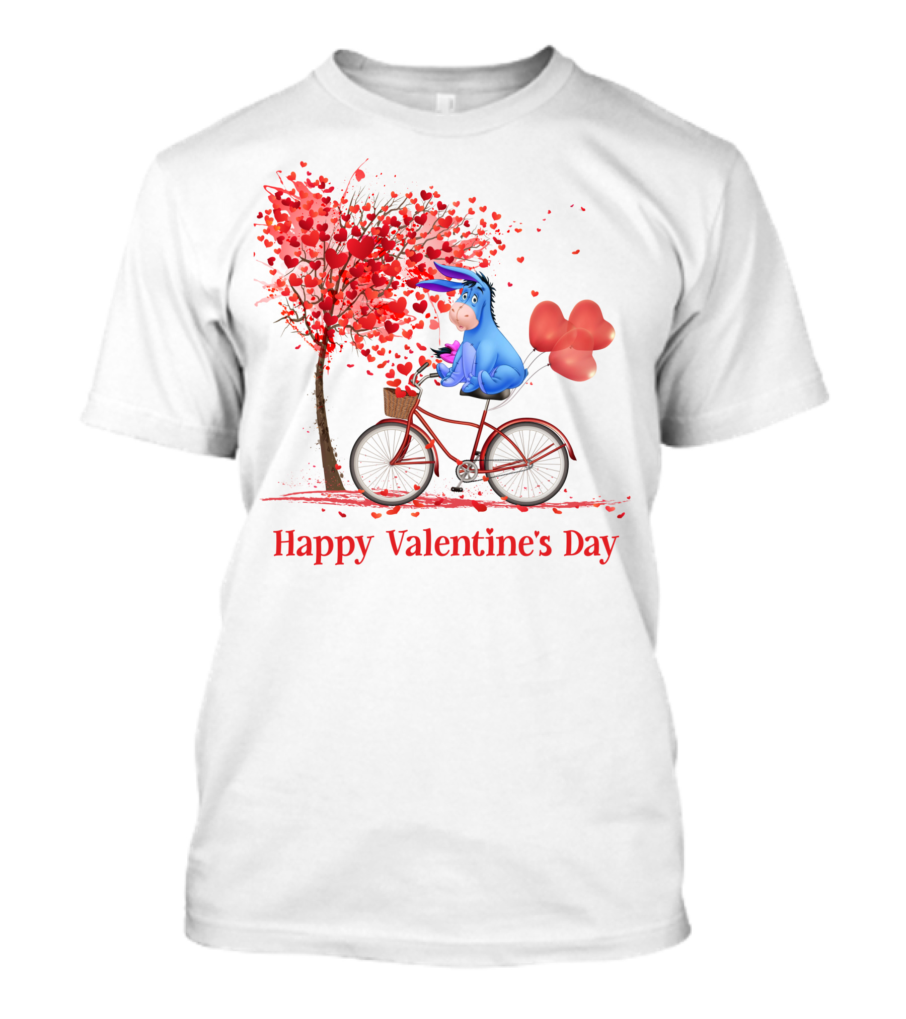 Happy Valentine's Day Eeyore On Bicycle With Heart Balloons And Tree Of Hearts T-Shirt
