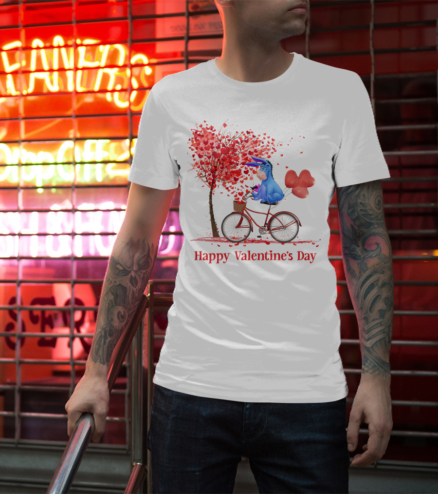 Happy Valentine's Day Eeyore On Bicycle With Heart Balloons And Tree Of Hearts T-Shirt