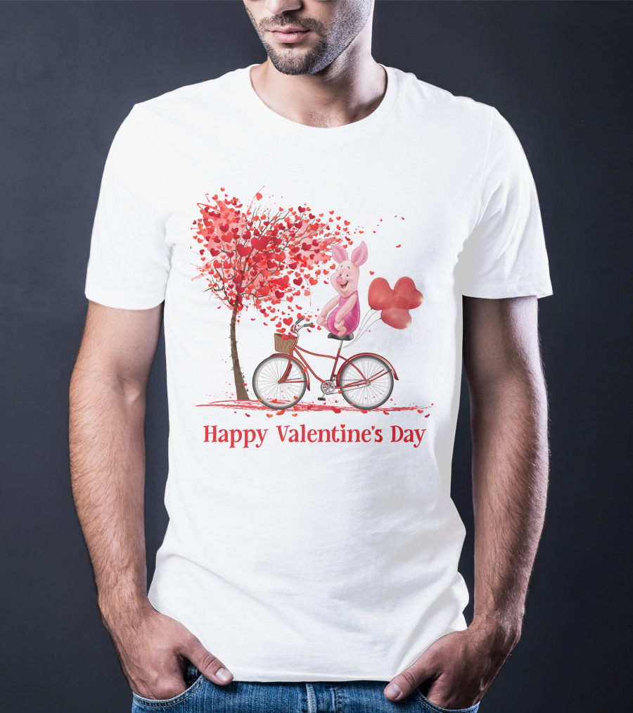 Happy Valentine's Day Piglet With Heart Balloons On Bicycle T-Shirt