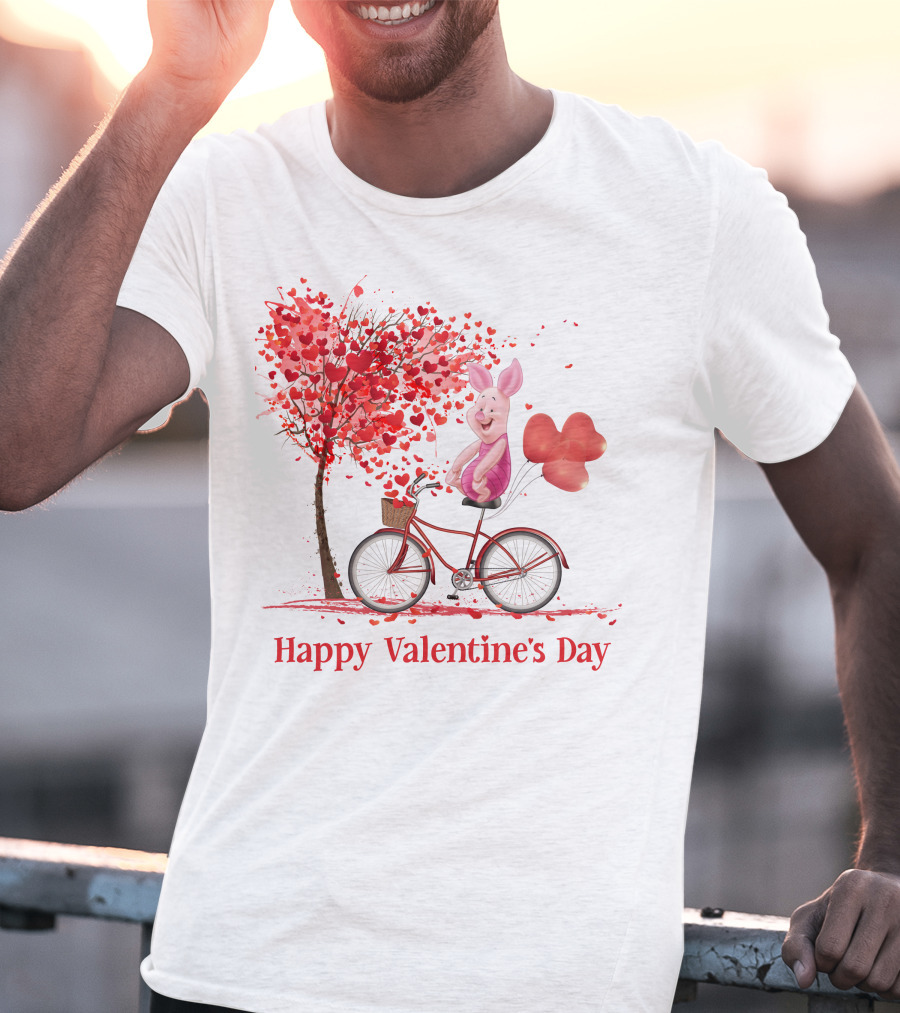 Happy Valentine's Day Piglet With Heart Balloons On Bicycle T-Shirt
