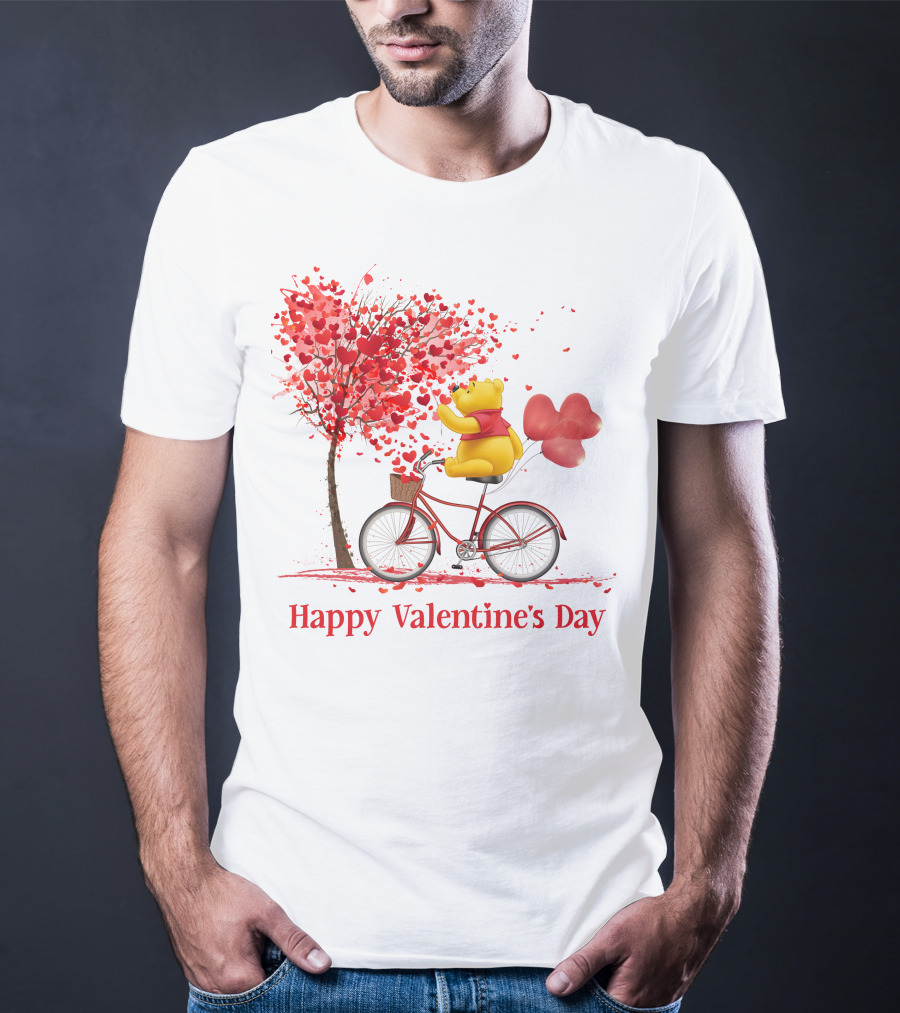 Happy Valentine's Day Bicycle Bear With Love Balloons And Heart Tree T-Shirt