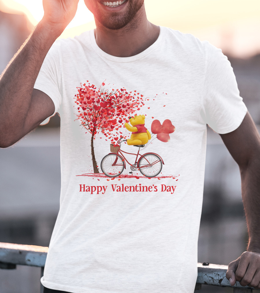 Happy Valentine's Day Bicycle Bear With Love Balloons And Heart Tree T-Shirt