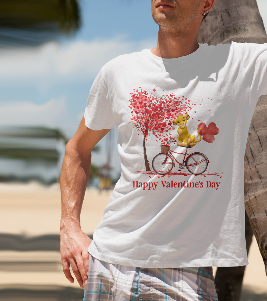 Happy Valentine's Day Cute Cartoon Character On Red Bicycle With Heart Balloons And Tree T-Shirt