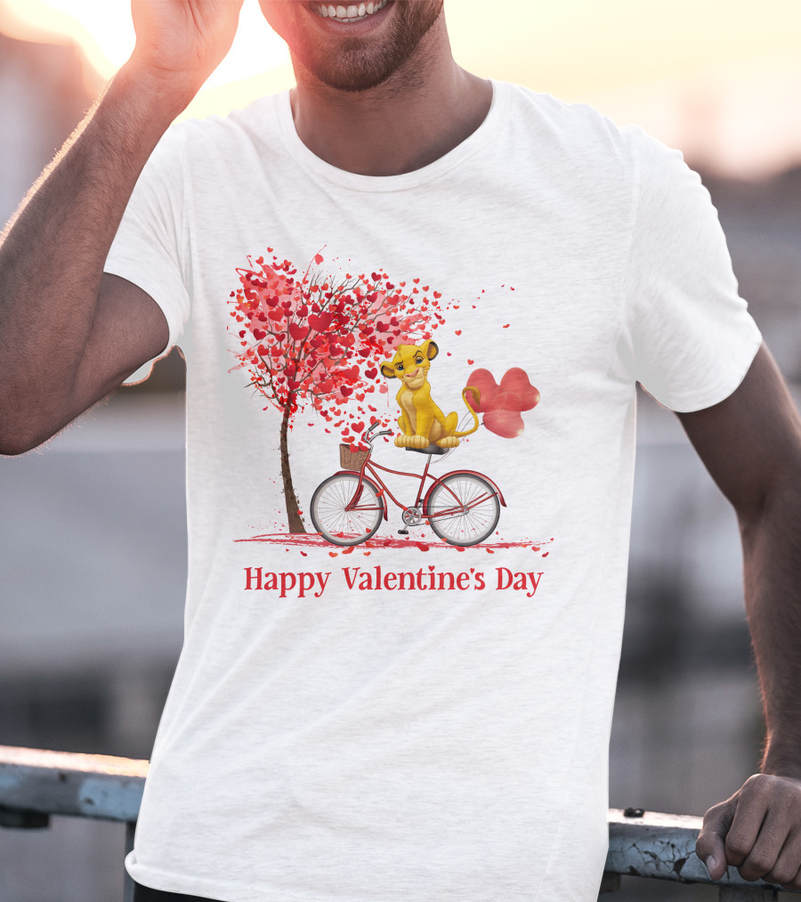 Happy Valentine's Day Cute Cartoon Character On Red Bicycle With Heart Balloons And Tree T-Shirt