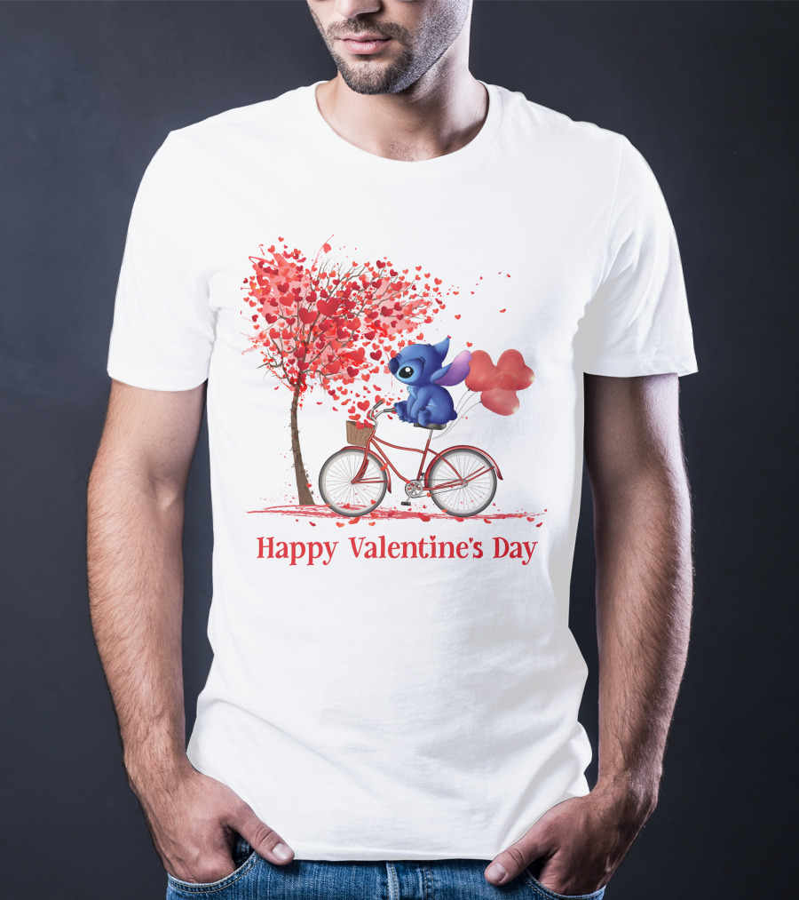 Happy Valentine's Day Stitch Bicycle Heart Balloons T-Shirt
