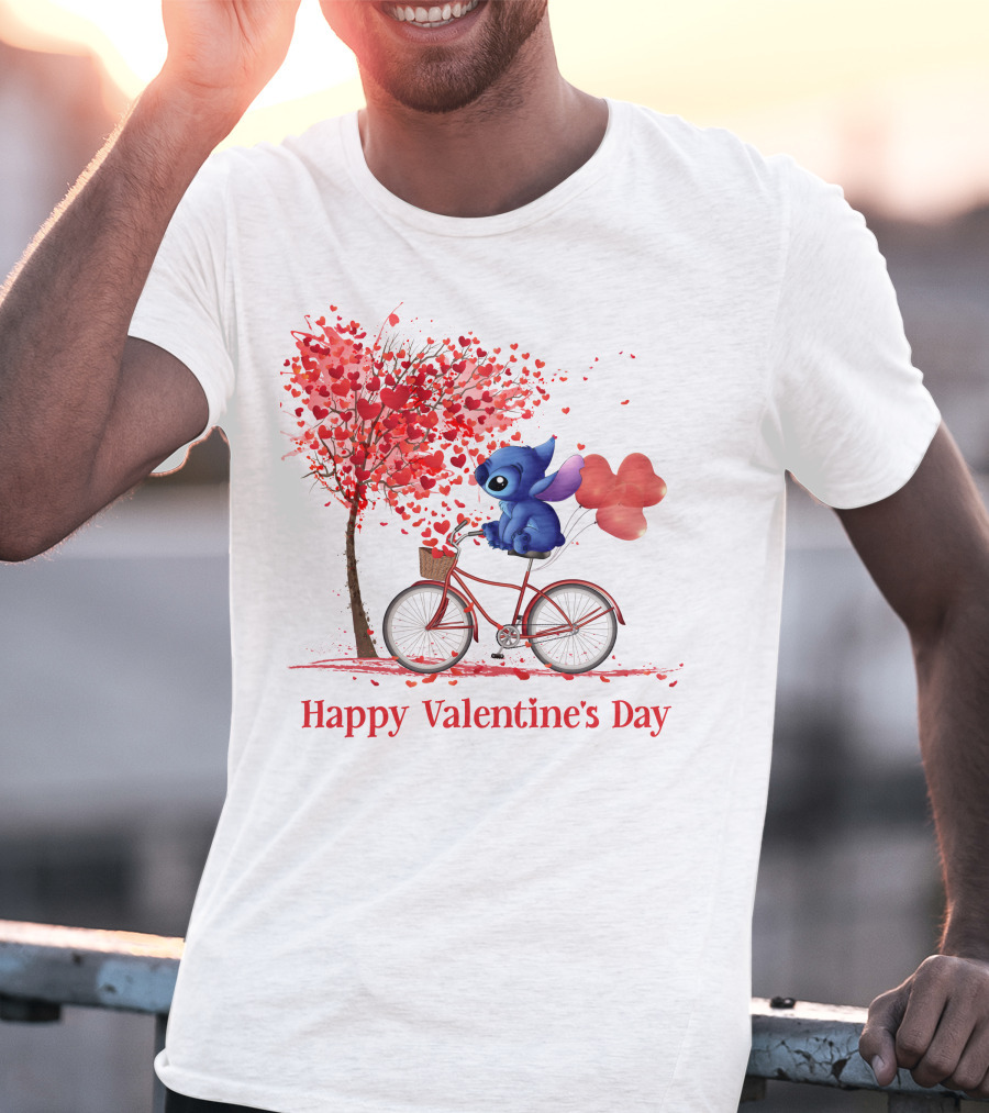 Happy Valentine's Day Stitch Bicycle Heart Balloons T-Shirt