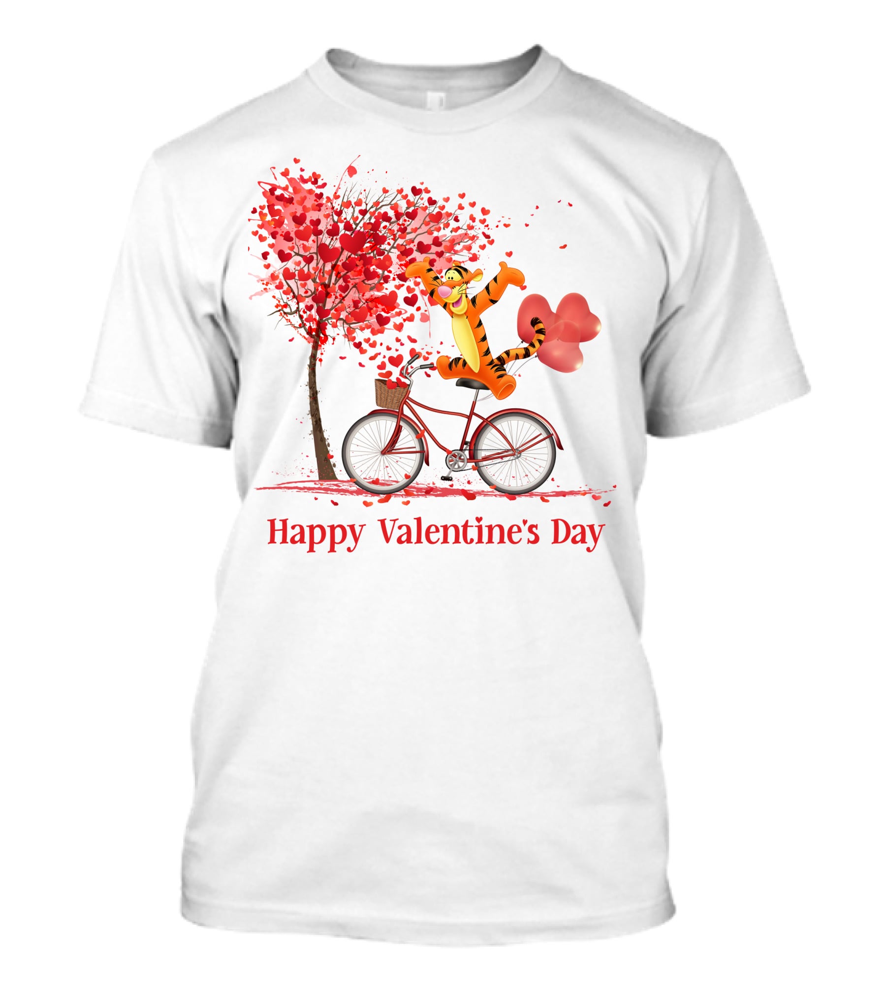Happy Valentine's Day Tigger Riding Bicycle With Heart Balloon And Heart Tree T-Shirt