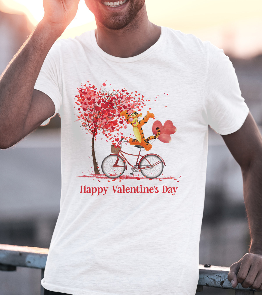 Happy Valentine's Day Tigger Riding Bicycle With Heart Balloon And Heart Tree T-Shirt