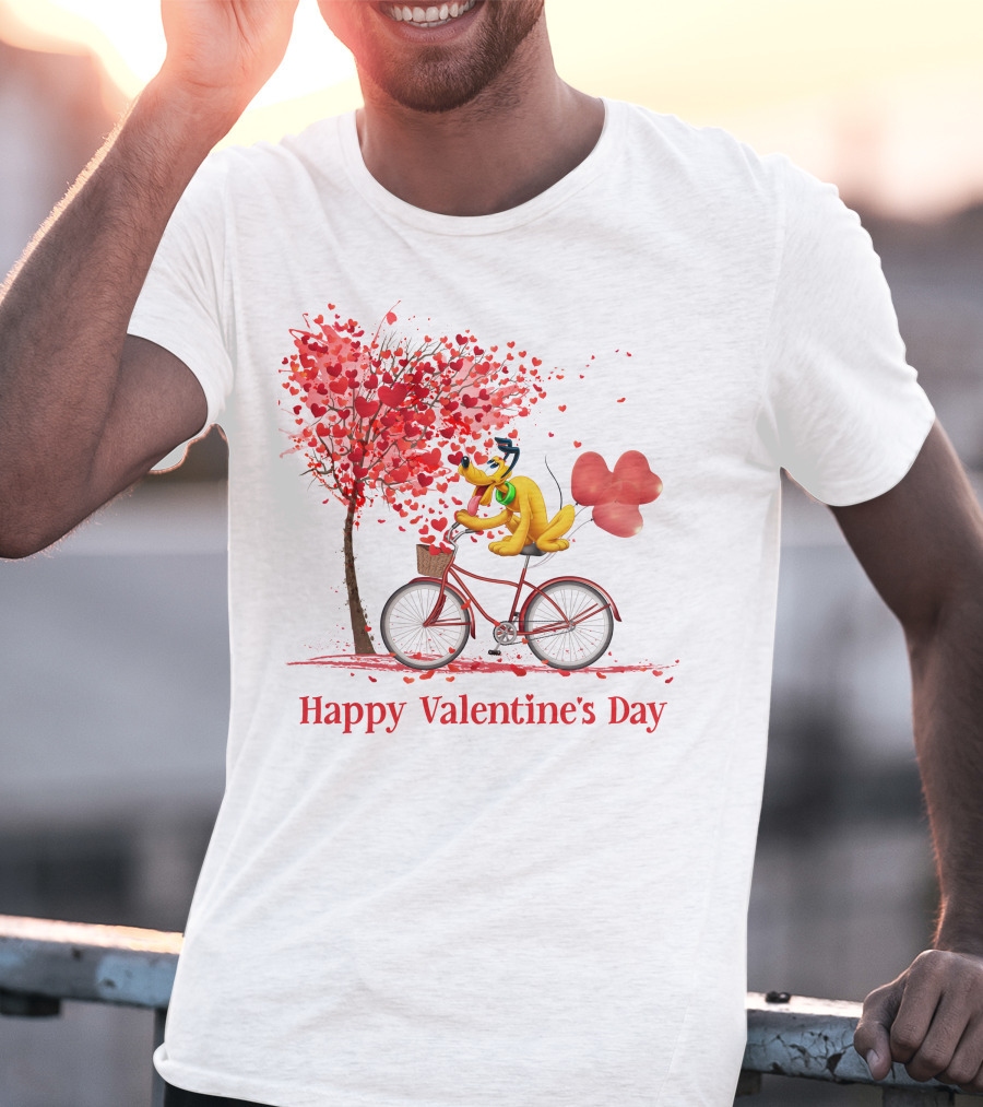 Disney Pluto Happy Valentine's Day Bicycle And Heart Tree T-Shirt